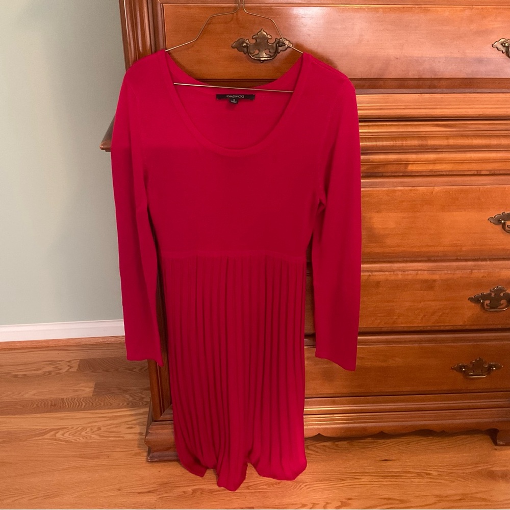Chadwicks Vibrant Red Pleated Long Sleeve Sweater Dress